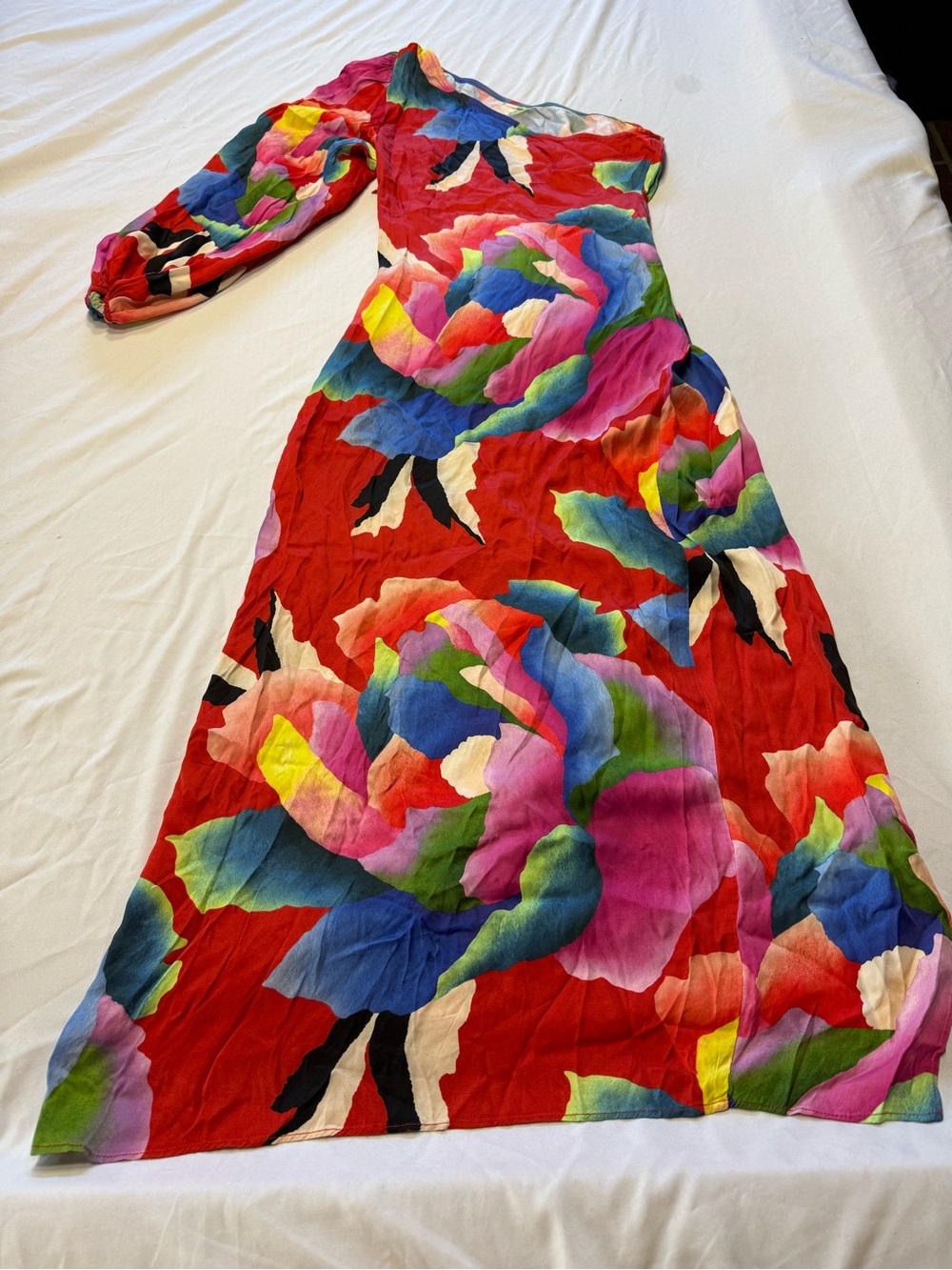 Anthropologie Red Multicolor One-Shoulder Floral Dress